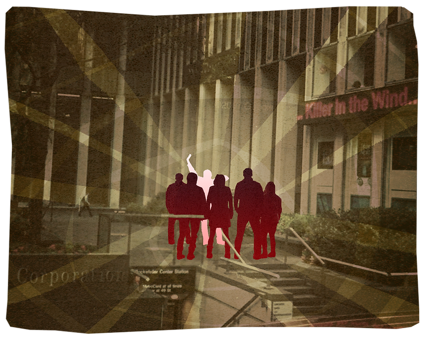 Stylized cartoon image showing a group of six silouhettes standing in a city with one that has beams shooting out of it.